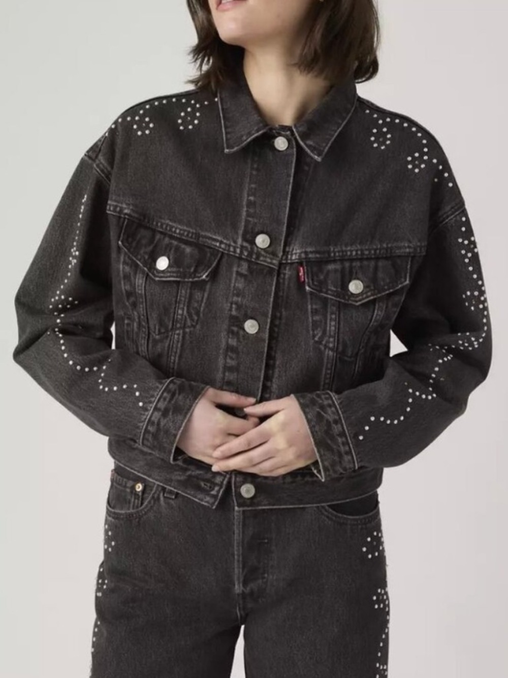 NWT LEVI’S 90s Shrunken Trucker Denim Jacket Jewel Studded Black XS